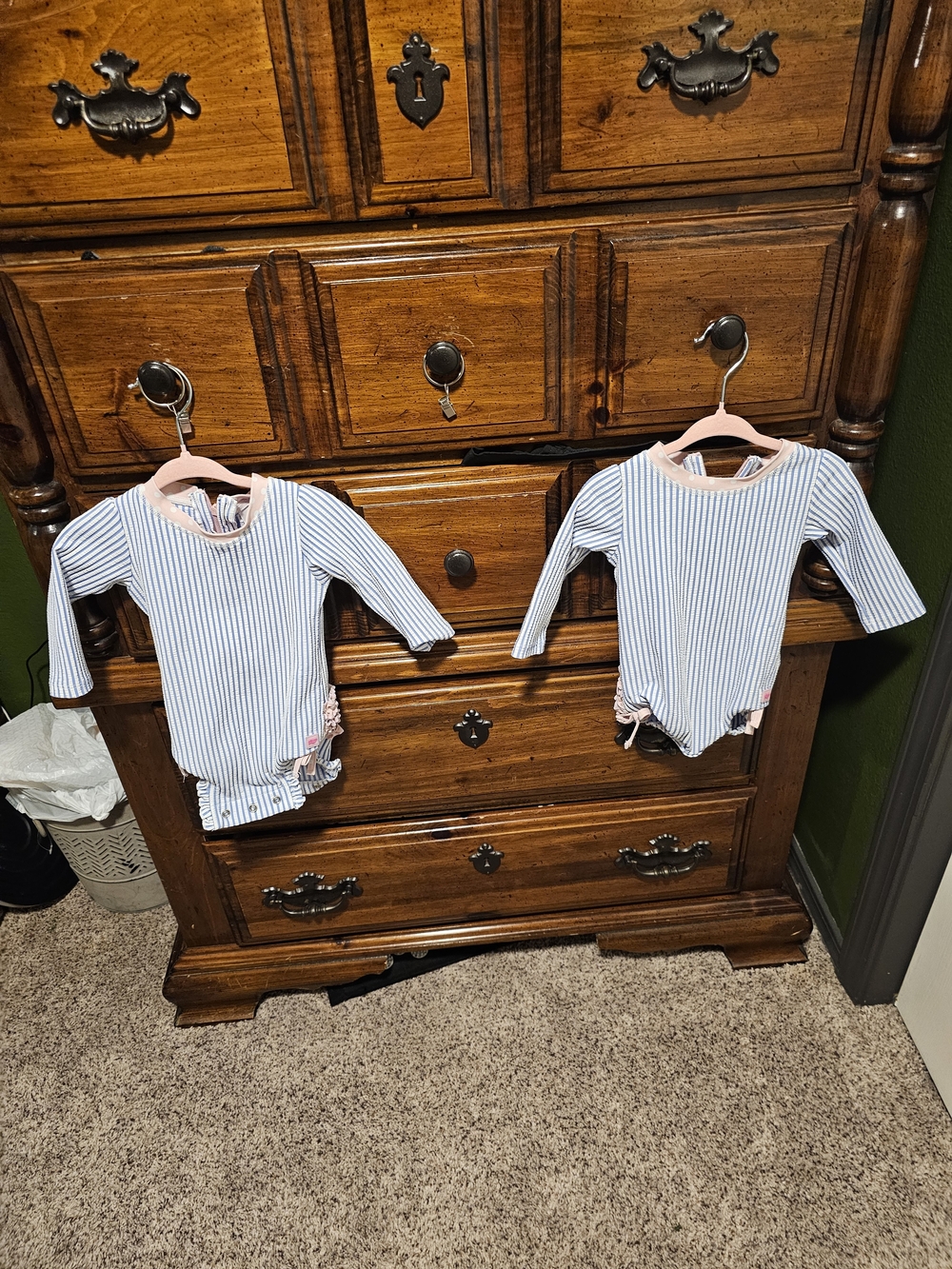 Ruffle Butts Blue & White Striped Long-Sleeve Baby One-Piece with Pink Trim